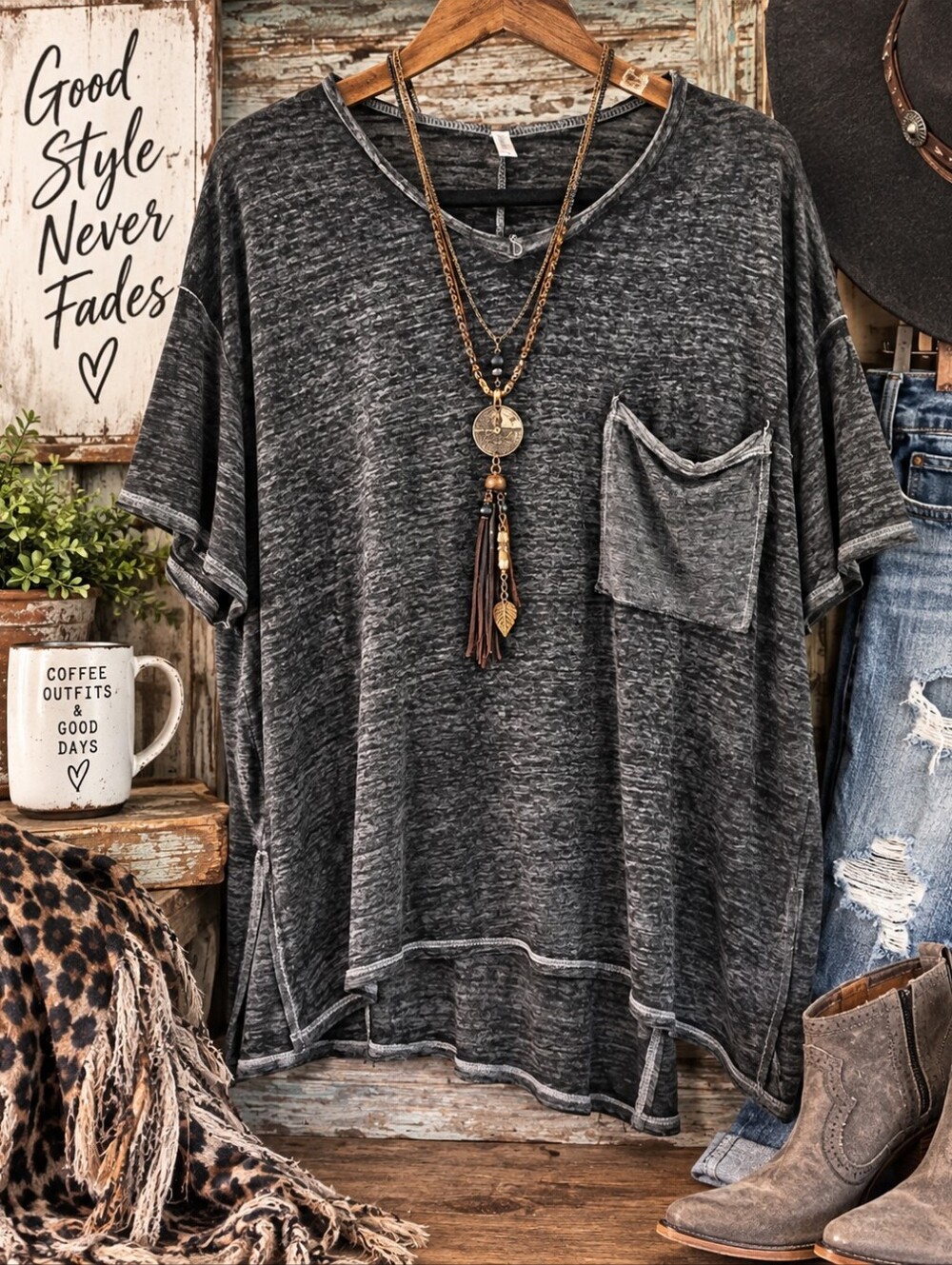 Zenana L/XL Charcoal Burnout Oversized Pocket Top High Low Raw Edge Boho Grunge